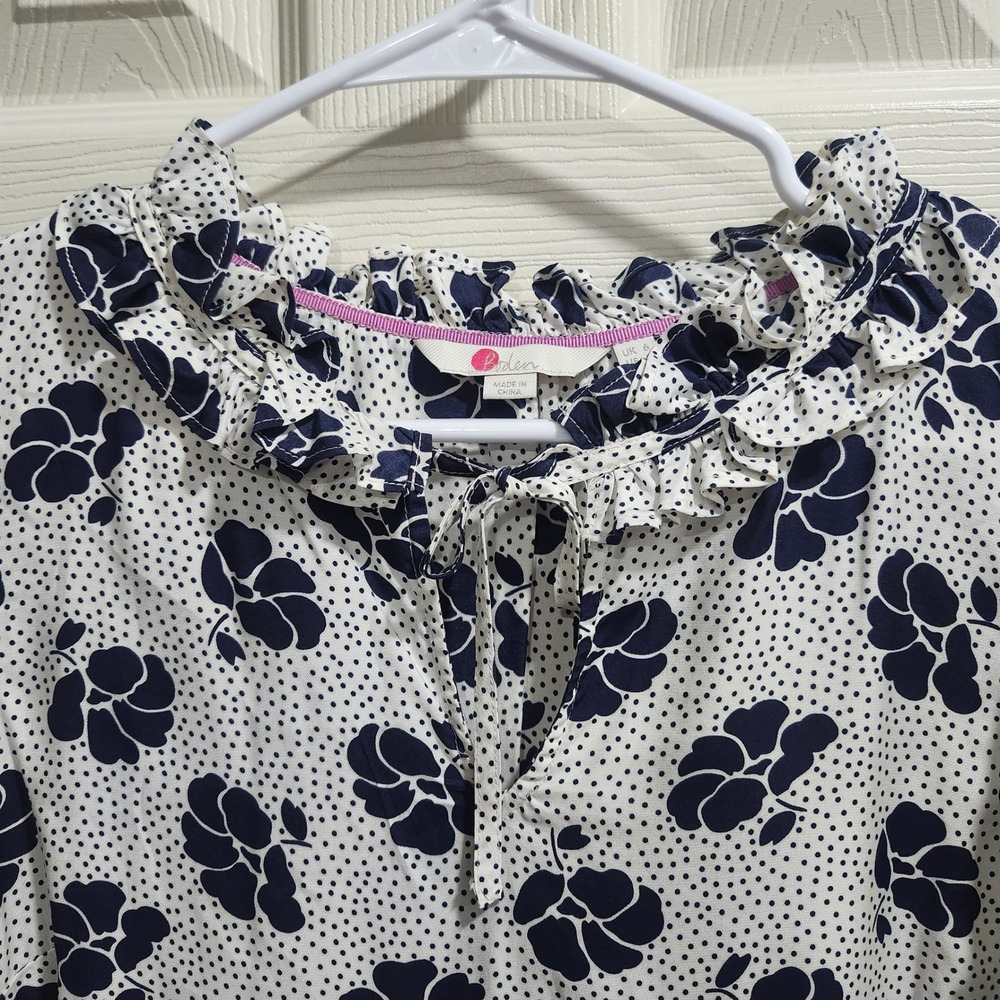 Boden Silk Blend Ruffle Neck Floral Polka Dot Blouse Navy White W0133 Size 2 - Picture 3 of 7